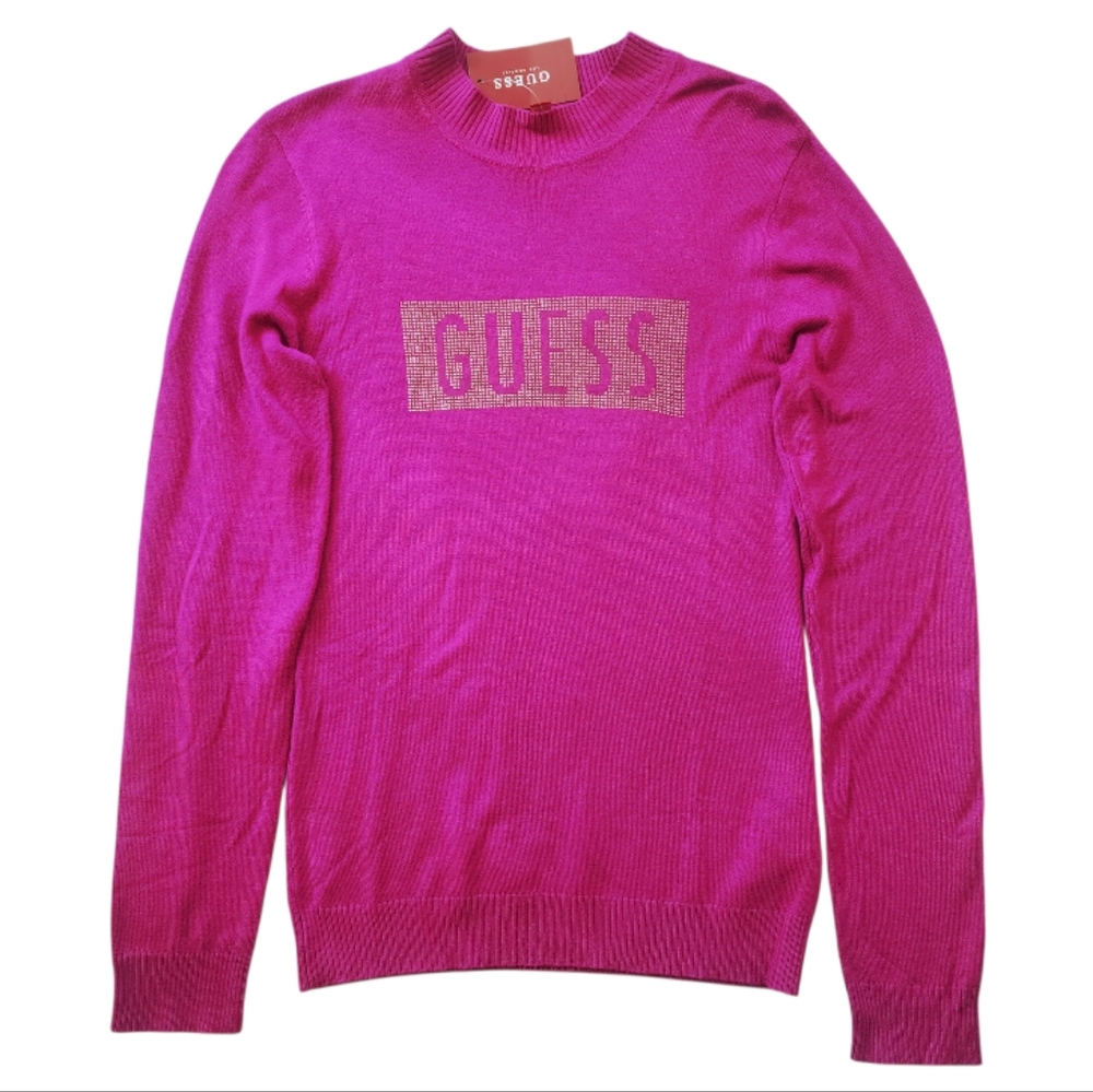 GUESS Baylee Sweater M Anemone Bloom Pink Rhinestone Logo Long Sleeve Y2K Style